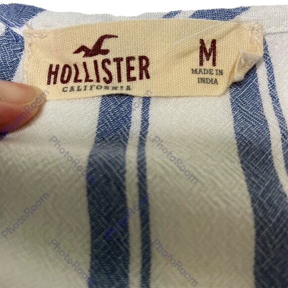 Hollister Womens SZ M Hi Low Top Blue White Stripes Embroidered Sleeves Tie Neck - Picture 5 of 9